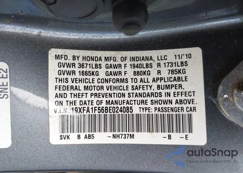 2011 Honda Civic Lx from USA, damaged, VIN 19XFA1F56BE024085